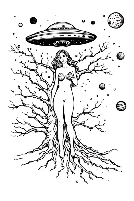 Virgo woman branching into a tree growing, ufo abducting Sasquatch, galaxies and solar system, dna, book opening up tattoo design idea