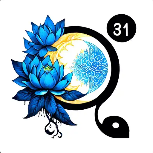 tree of life with sun and moon,blue lotus,with a number sequence ambigram,and rising phone above tree  tattoo design idea