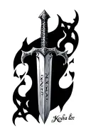 mid evil sword tattoo with the name Keshia lee on the blade tattoo design idea