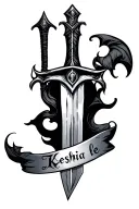 mid evil sword tattoo with the name Keshia lee on the blade tattoo design idea