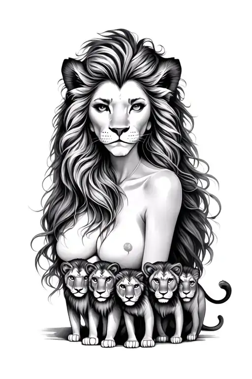 lion woman with 4 little lion tattoo design idea