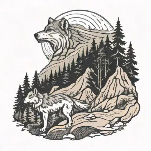 mountain, alpine trees and a person with a wolf waiting for his lost soul tattoo design idea