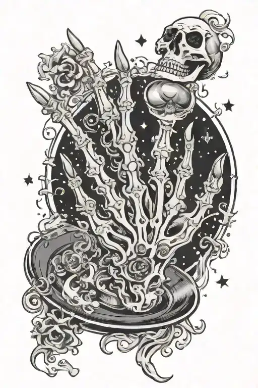 skeleton hand holding  on a saucer in palm (upright) with smoke swirls going up high and stars magic, dragon and moon tattoo design idea