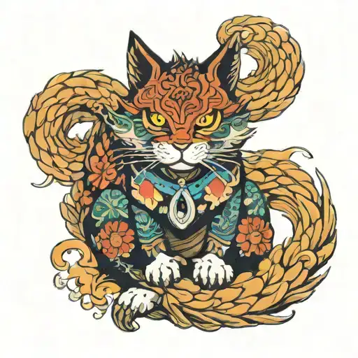 Mythical Cat with Kitsune Mask and Nine Tails Chakra Mode tattoo design idea