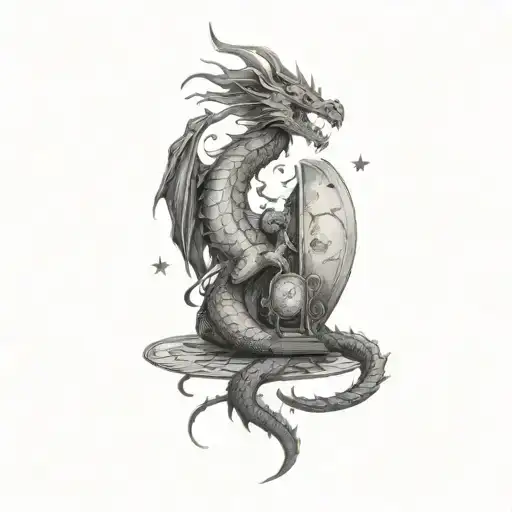 A dragon playing a board game that is a celestial map with hidden elements representing my wife and daughter and son tattoo design idea