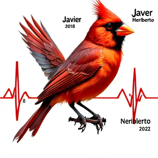 Realistic cardinal bird with an EKG  going to flatline With July 2018 and November 3rd 2022 Names Javier and Heriberto.  tattoo design idea