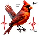 Realistic cardinal bird with an EKG  going to flatline With July 2018 and November 3rd 2022 Names Javier and Heriberto.  tattoo design idea