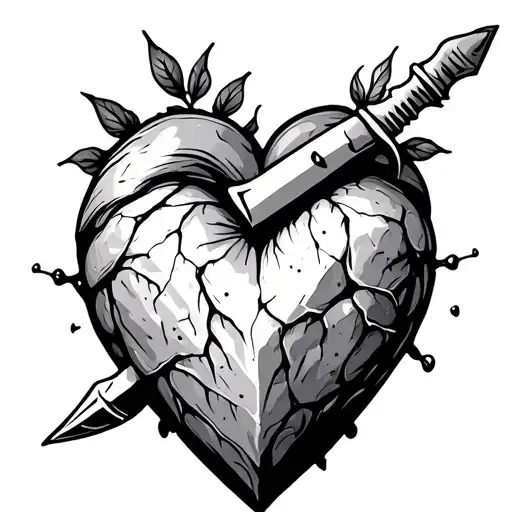 Draw tattoo in a minimalist drawing patchwork style, knife failed to pierce the heart made of stone, keep it simple tattoo design idea