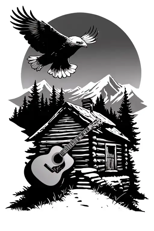 acoustic guitar on a mountain in front of a log cabin with a bald eagle flying overhead  tattoo design idea