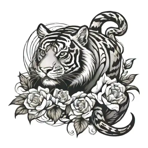 chinese non figurative zodiac tiger black in black red colors white roses black orchids  tattoo design idea