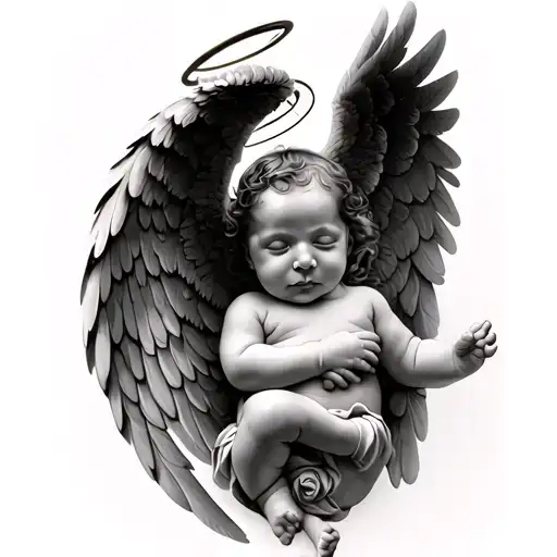 baby with angel wings, and halo, laying on their back placement on collarbone tattoo design idea