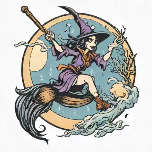 A whimsical scene of Gracie as a Scorpio witch riding a broomstick under a full moon tattoo design idea