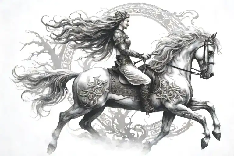 A hauntingly beautiful image of a Valkyrie with flowing hair riding a ghostly white horse through a misty forest, with the silhouette of Yggdrasil looming in the background tattoo design idea