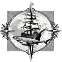 world map and compass rose background of tatoo, pirate ship with shark underneath, anchor at the bottom tattoo design idea