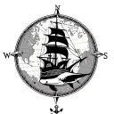 world map and compass rose background of tatoo, pirate ship with shark underneath, anchor at the bottom tattoo design idea