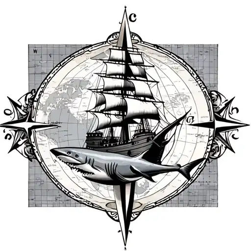 world map and compass rose background of tatoo, pirate ship with shark underneath, anchor at the bottom tattoo design idea