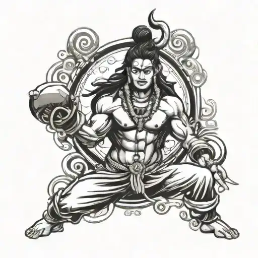 A tattoo design featuring a powerful image of Lord Shiva in a dynamic boxing pose, surrounded by MMA fighting elements tattoo design idea