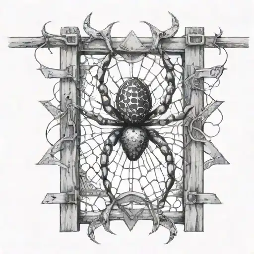 An abstract representation of a spider intertwined with cybersigilism symbols on a fence tattoo design idea