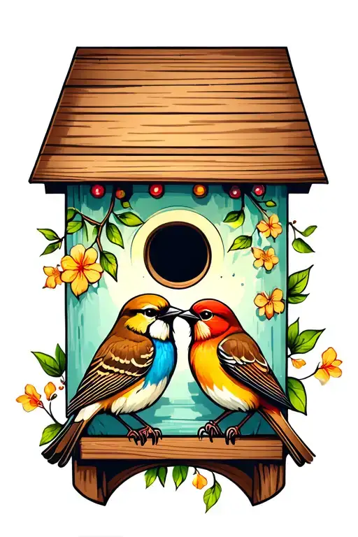 birdhouse with two birds tattoo design idea