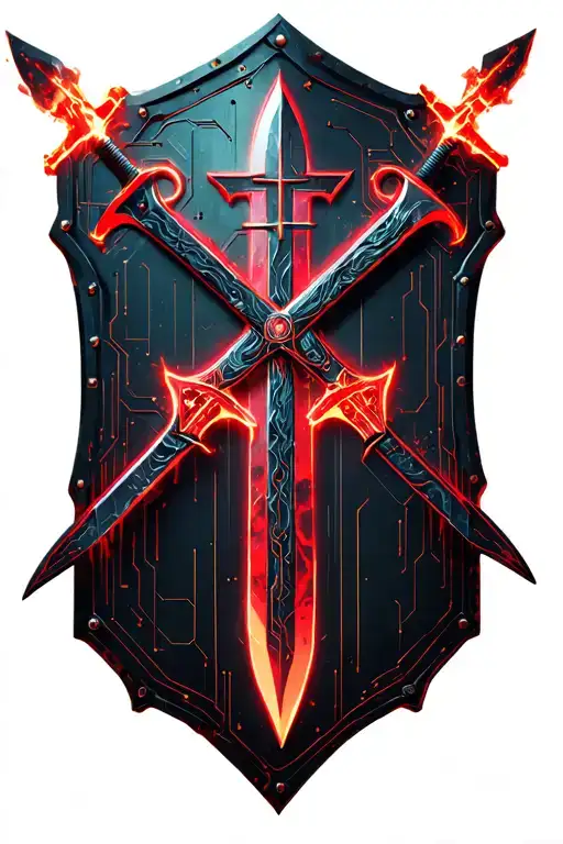 Two daggers sword and shield in cross shape , red energy, orthodox cross  tattoo design idea