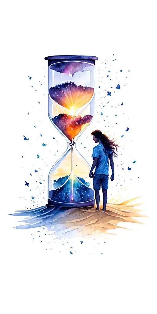 couple under sunrise on beach sand falls to hourglass turns into galaxy bursting into comet crashes on beach same couple tattoo design idea