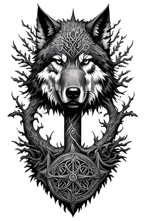 A detailed vegvisir viking thor's hammer wolf oden's raven tree of life full sleeve tattoo design idea