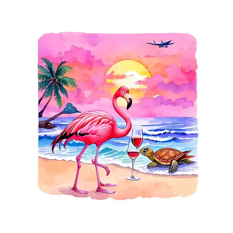 flamingo n sea turtle both with a glass of wine on beach with waves with small plane flying by sunset and palm trees tattoo design idea