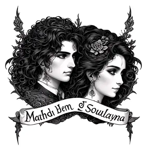 gothic alternative dark matching tattoo for a gemini couple small with both names mahdi (male) and soulayma(femal) tattoo design idea