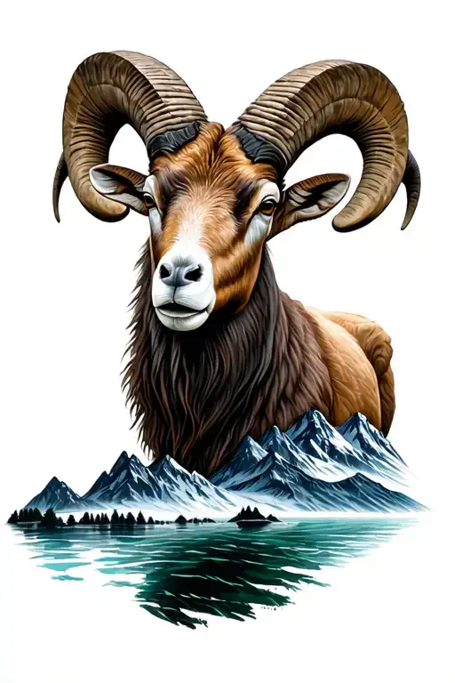 Canadian rocky mountains with water and a bighorn sheep tattoo design idea