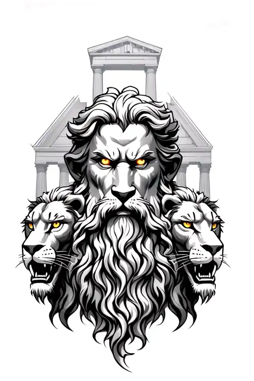 foreboding bearded greek god head with glowing eyes flanked by 2 roaring lions looking at you. Greek temple behind them. tattoo design idea