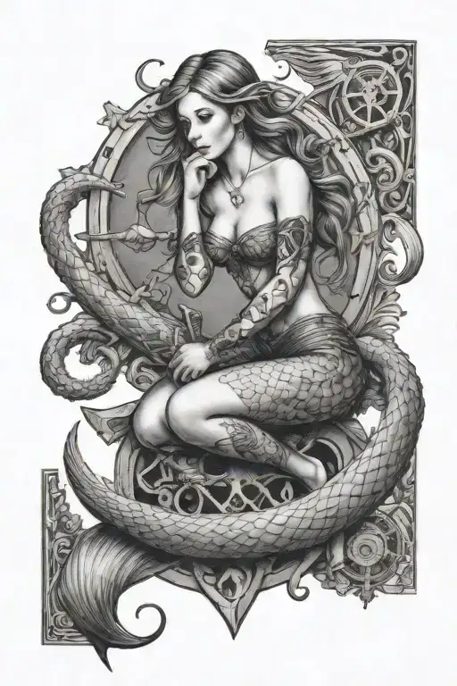 A mermaid sitting on a sea anchor surrounded tattoo design idea
