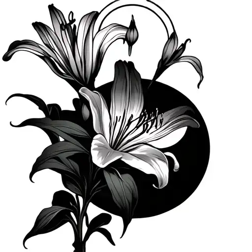 Bosnian lily, with full moon with the halo, in a dark night tattoo design idea