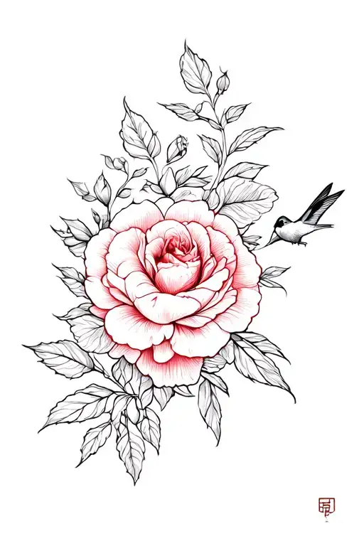 Flower tattoo with roses and peonies, integrated heart, chickadee, red throat or hummingbird, fine line, colorless tattoo design idea