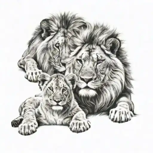 male lion, female lion, two cubs, blue eyes tattoo design idea
