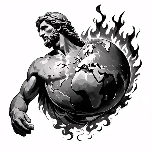 Atlas from greek mythology holding the world on his shoulders, but the world is on fire tattoo design idea