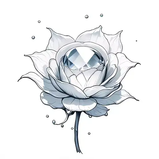 top down view of a large round gemstone sitting in the center of a rosebud with white liquid around the gemstone tattoo design idea