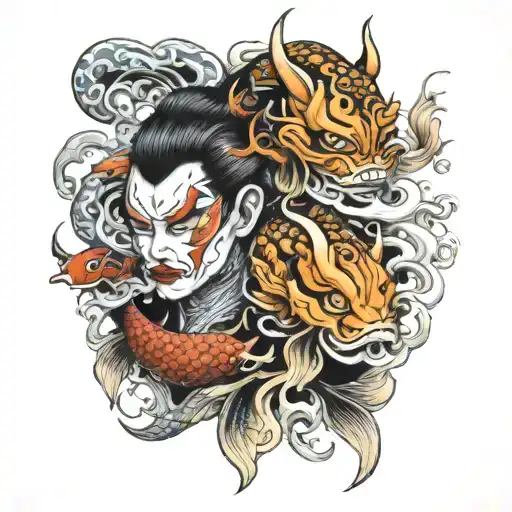 duo oni mask woman man and yin yang koi fish tattoo design idea