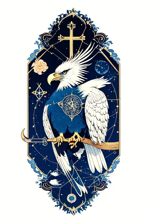 an eagle, a cross, Pisces and Sagittarius constellations, Japanese Imari Designs and a chaos star tattoo design idea
