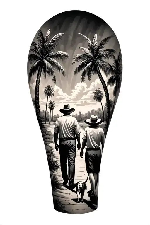 las vegas theme leg sleeve that features a old man and woman waking between palm trees and them walking a dog  tattoo design idea