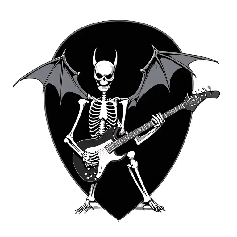 bat skeleton playing a flying v guitar tattoo design idea