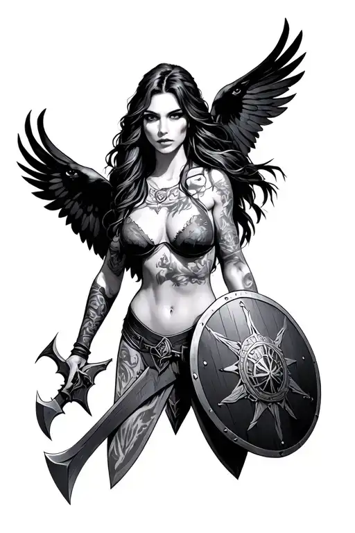 Shield Maiden, big cleavage, long hair, battle axe, 2 ravens tattoo design idea