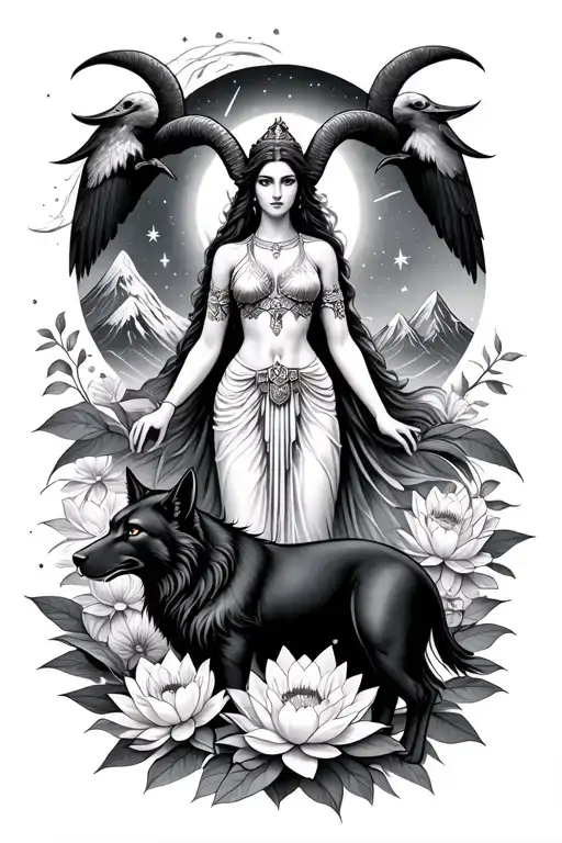 Aries Goddess Surrounded By Poeny And Lotus Flowers With A Black Wolf and hawk And Mountains Range and mars stars insky  tattoo design idea