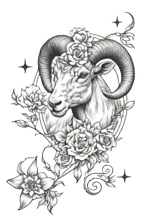 aries zodiac symbol with honeysuckle blooms,flames ,and constellation pattern tattoo design idea