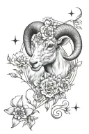 aries zodiac symbol with honeysuckle blooms,flames ,and constellation pattern tattoo design idea