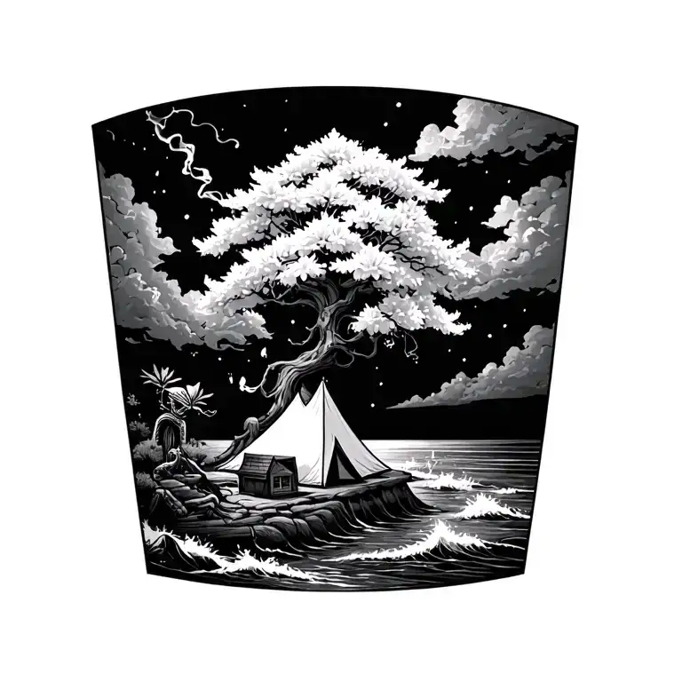 Sakura tree, ocean, camping, alien smoking weed joint tattoo design idea