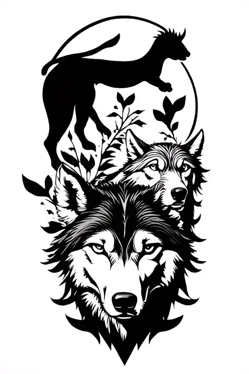 Adler, Puma and Wolf among themselves and a large full moon in the background tattoo design idea