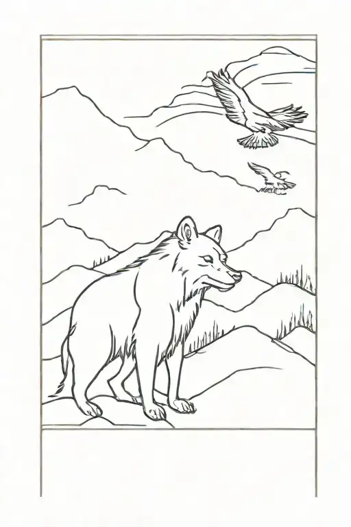 brother bear sitting together with a eagle soring and mountains and the background in a rectangle box tattoo design idea