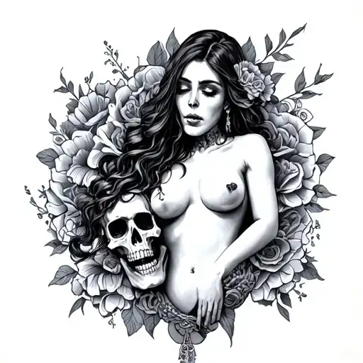 nude lady with skull traditional style tattoo design idea