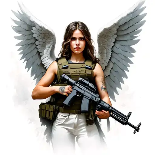 angel with a bullet proof vest holding an AK 47 tattoo design idea