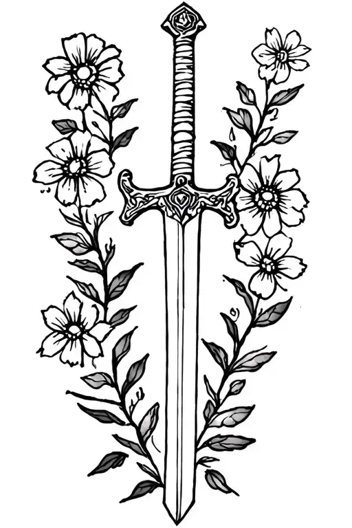 sword and flowers tattoo design idea